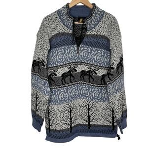 Vintage Levandi Quarter Zip Wool Sweater Mens Medium Blue Moose Fair Isle Cabin